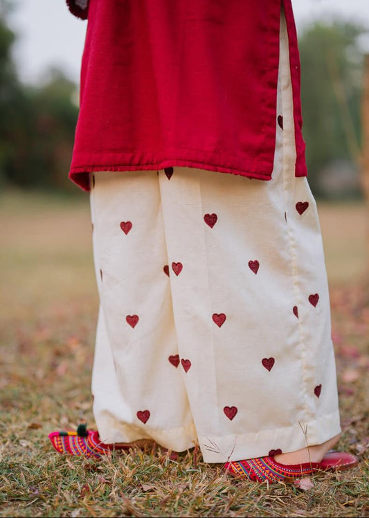 Heart Print Flapper Style V Neck Shirt with Pockets 2 Piece Set for Women